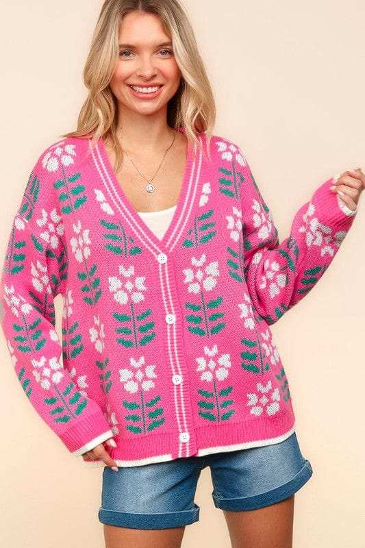 Haptics Full Size Floral Jacquard V-Neck Button Up Cardigan - Trendsi - Flyclothing LLC