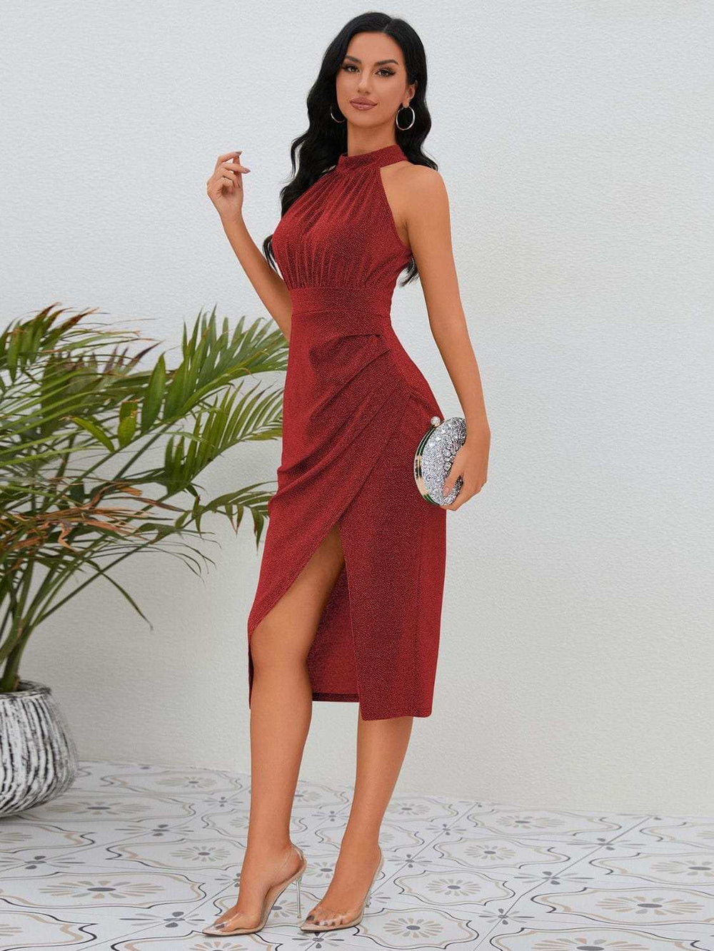 Slit Ruched Mock Neck Sleeveless Dress - Trendsi - Flyclothing LLC