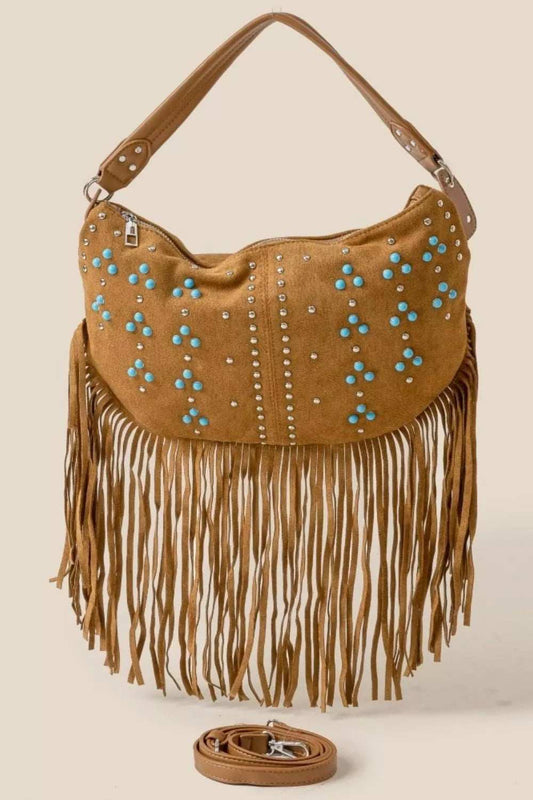 Fame Studded Pattern Multi Fringe Hobo Shoulder Bag - Trendsi - Flyclothing LLC
