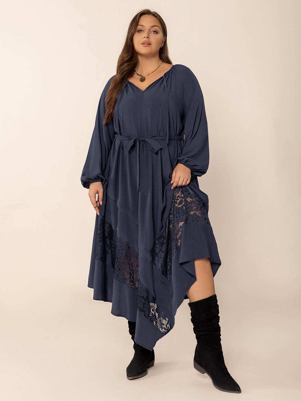 Plus Size Lace Detail Tie Neck Long Sleeve Midi Dress - Trendsi - Flyclothing LLC