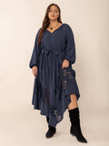 Plus Size Lace Detail Tie Neck Long Sleeve Midi Dress - Trendsi - Flyclothing LLC