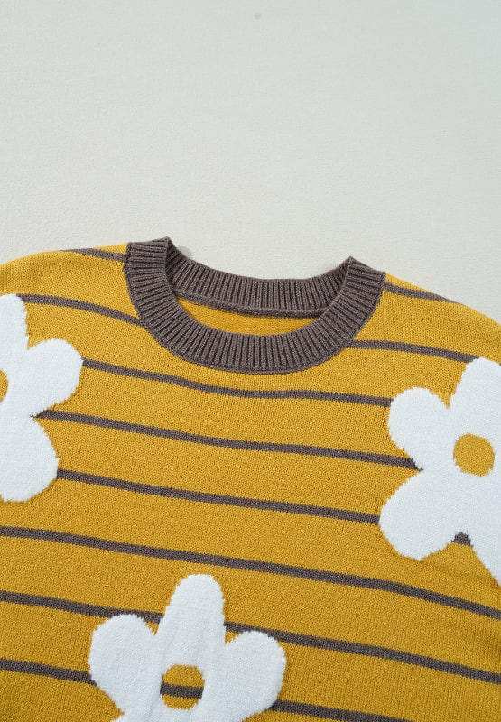 Flower Stripe Round Neck Long Sleeve Sweater - Trendsi - Flyclothing LLC