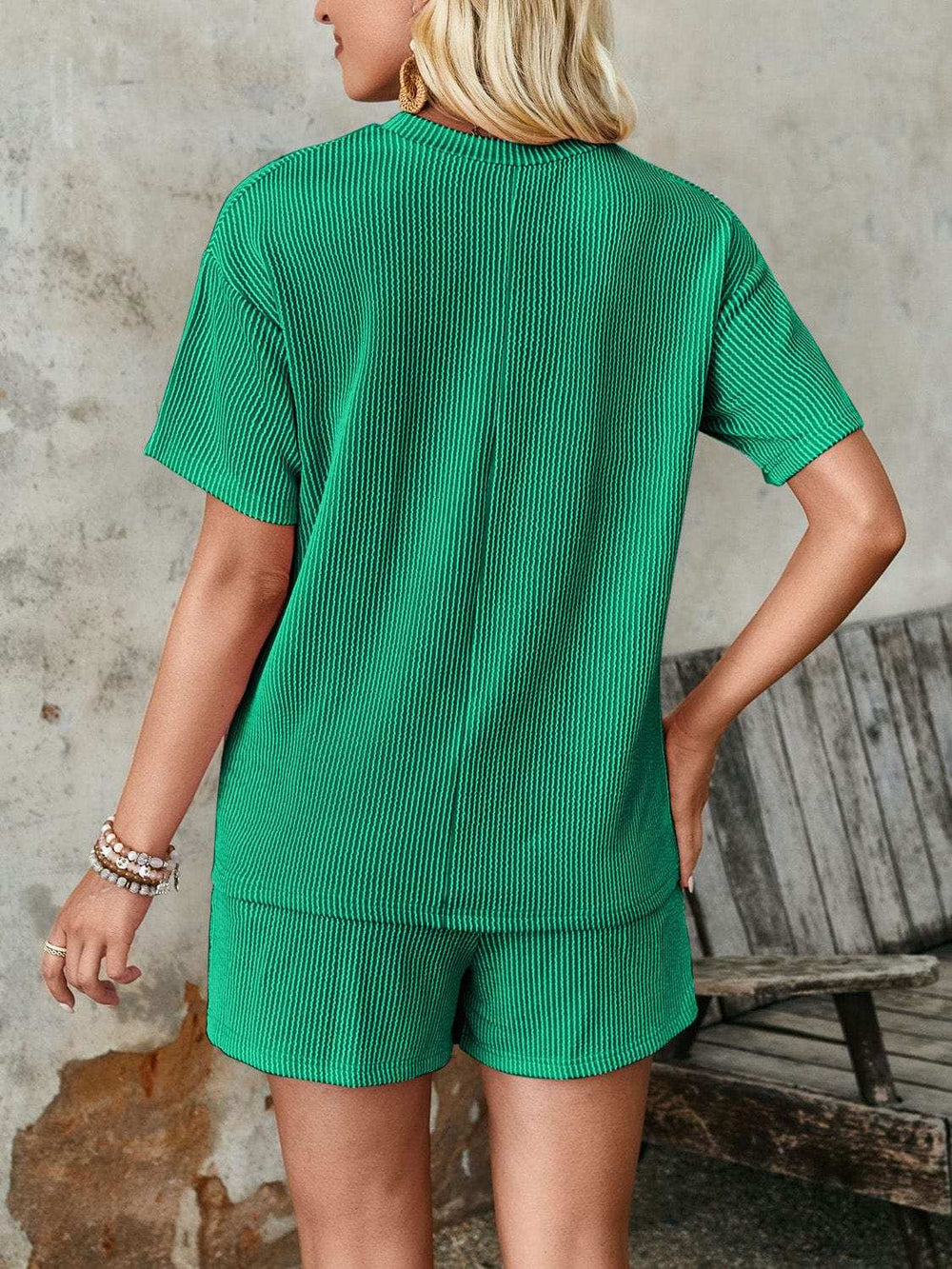 Textured Round Neck Short Sleeve Top and Shorts Set - Trendsi - Flyclothing LLC