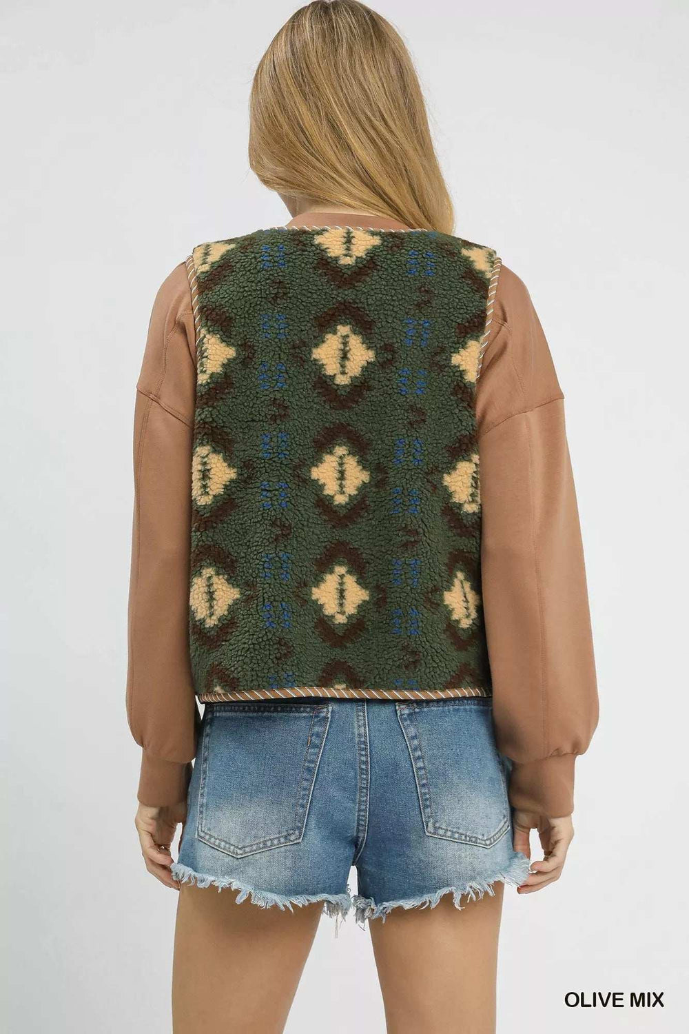 Umgee Mix Patterned Sherpa Tie-Front Vest - Trendsi - Flyclothing LLC