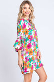 GeeGee Full Size Floral Round Neck Lantern Sleeve Mini Dress - Trendsi - Flyclothing LLC