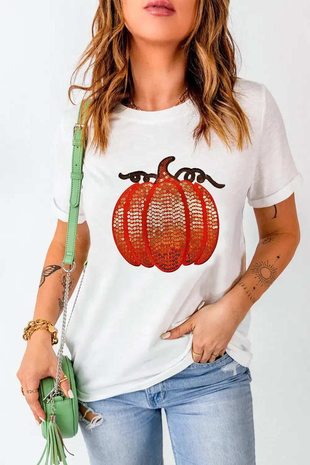 Full Size Sequin Pumpkin Round Neck Short Sleeve T-Shirt - Trendsi - Flyclothing LLC
