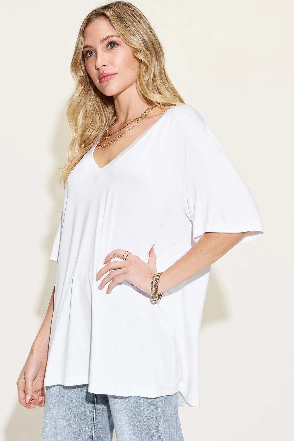 Basic Bae Full Size Bamboo V-Neck Drop Shoulder T-Shirt - Trendsi - Flyclothing LLC