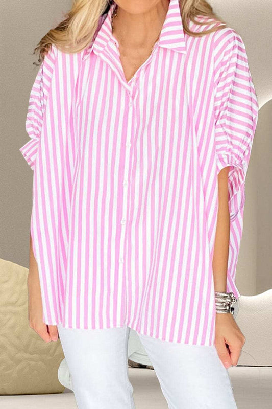 Striped Collared Neck Half Sleeve Shirt - Trendsi - Flyclothing LLC