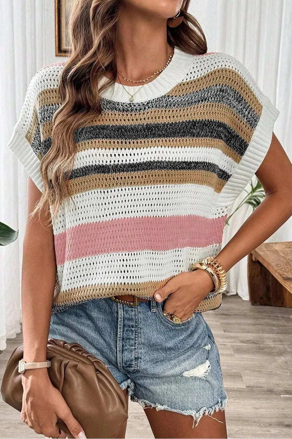 Stripe Color Block Eyelet Knit Short Sleeve Knit Top - Trendsi - Flyclothing LLC