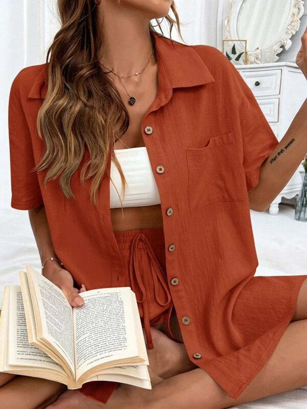 Button Up Shirt and Drawstring Shorts Set - Trendsi - Flyclothing LLC