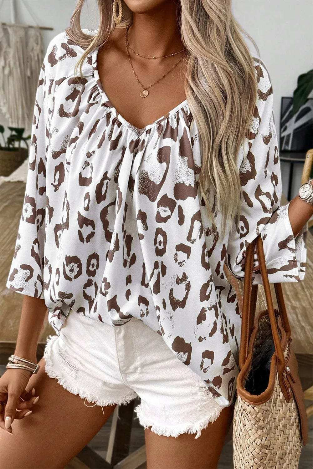 Leopard V-Neck Three-Quarter Sleeve Blouse - Trendsi - Flyclothing LLC