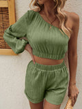 One Shoulder Long Sleeve Top and Shorts Set - Trendsi - Flyclothing LLC