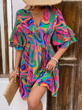 Ruffled Printed V-Neck Half Sleeve Mini Dress - Trendsi - Flyclothing LLC