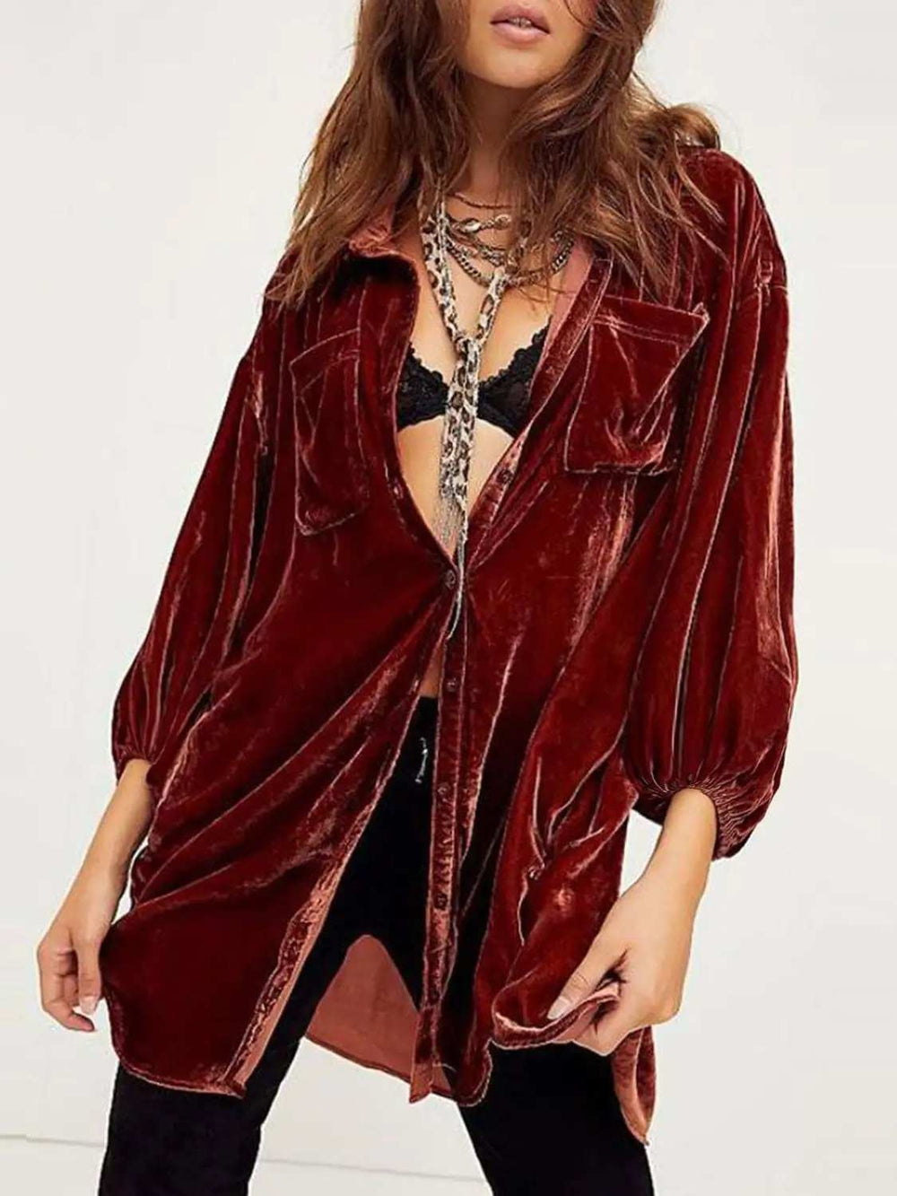 Collared Neck Button Down Long Sleeve Shirt - Trendsi - Flyclothing LLC