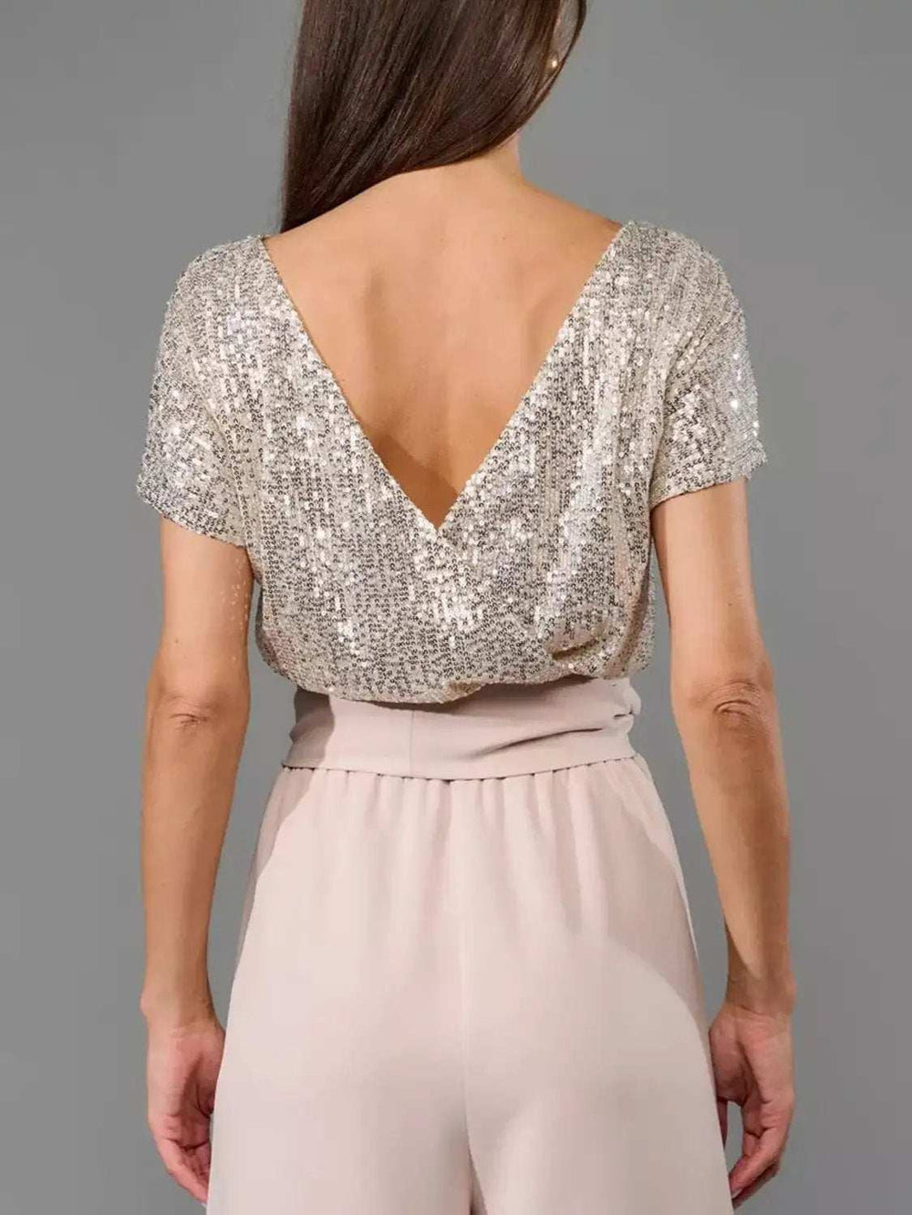 Full Size Sequin Round Neck Short Sleeve Wide Leg Jumpsuit - Trendsi - Flyclothing LLC