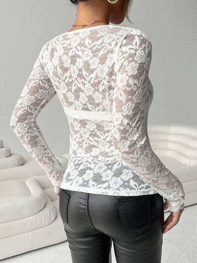 Lace V-Neck Long Sleeve Top - Trendsi - Flyclothing LLC