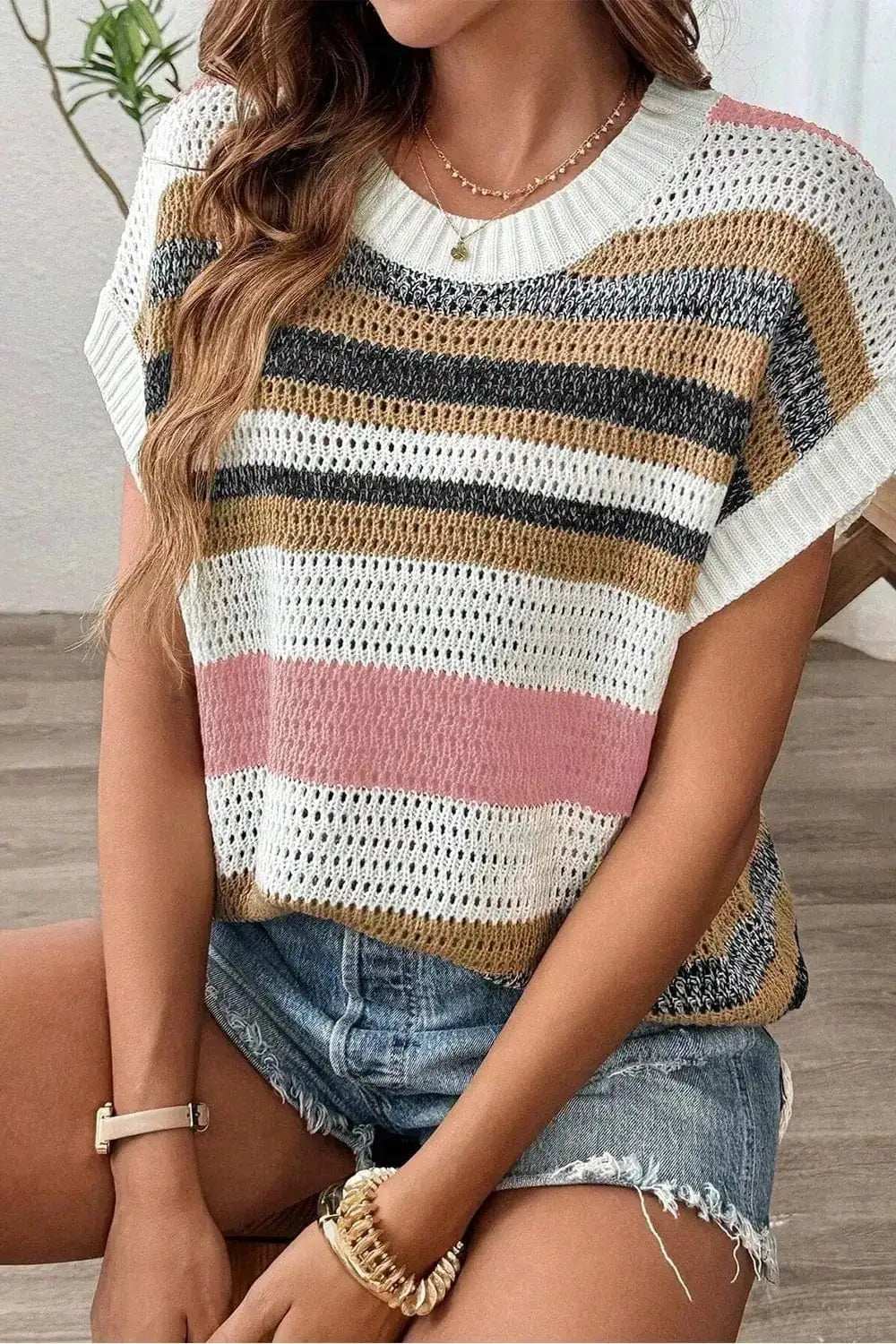 Stripe Color Block Eyelet Knit Short Sleeve Knit Top - Trendsi - Flyclothing LLC