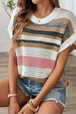 Stripe Color Block Eyelet Knit Short Sleeve Knit Top - Trendsi - Flyclothing LLC