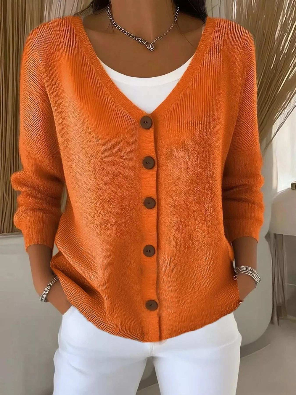 Full Size Button-Front V-Neck Cardigan Plus Size - Trendsi - Flyclothing LLC