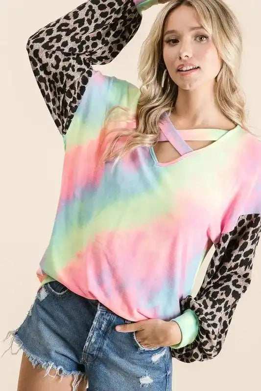 BiBi Tie Dye Terry Top with Leopard Puff Sleeves - Trendsi - Flyclothing LLC