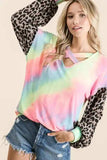 BiBi Tie Dye Terry Top with Leopard Puff Sleeves - Trendsi - Flyclothing LLC