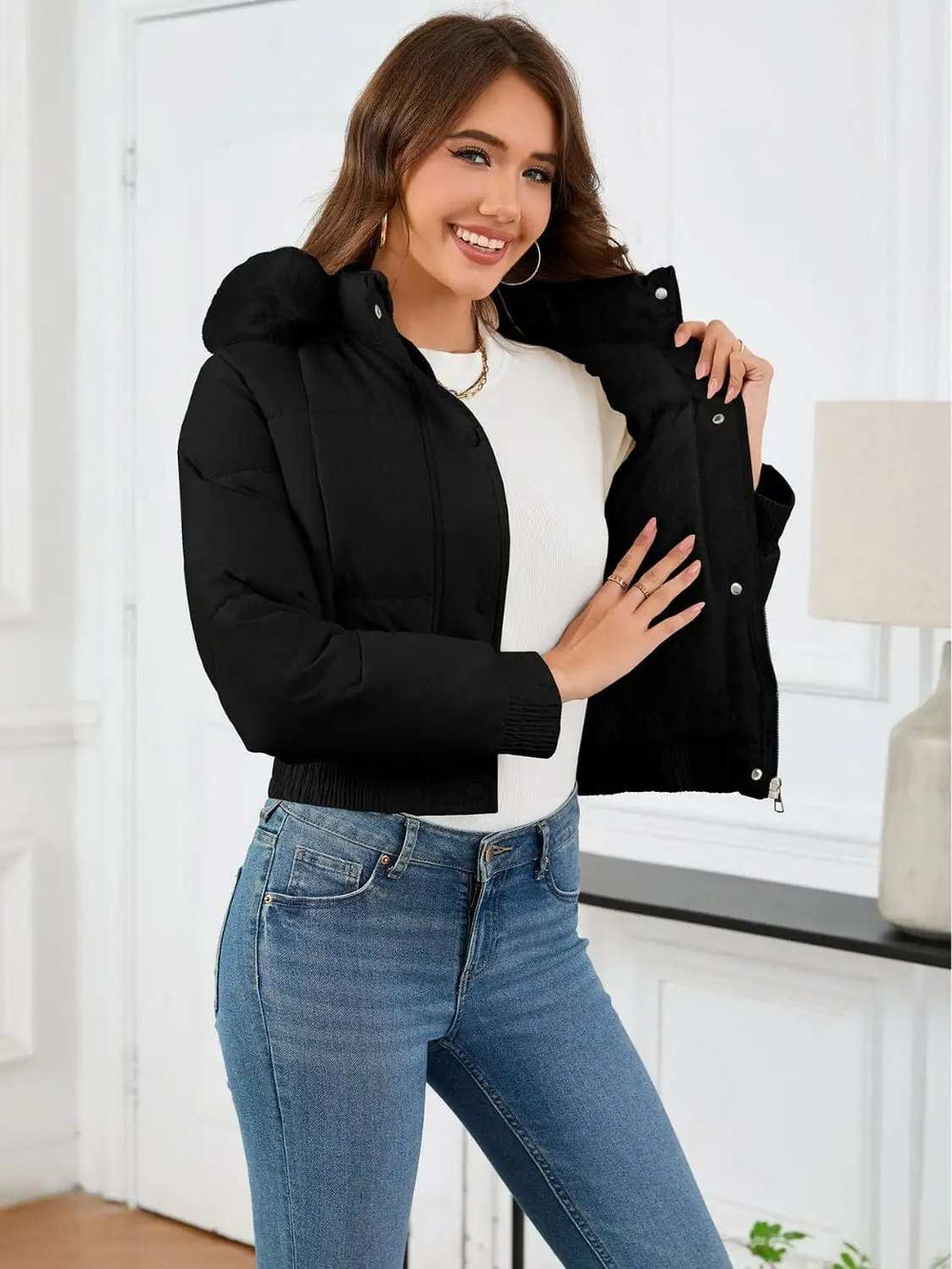 Pocketed Long Sleeve Cropped Hooded Winter Coat - Trendsi - Flyclothing LLC
