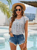Floral Print Flutter Sleeve Crochet Trim Blouse - Trendsi - Flyclothing LLC