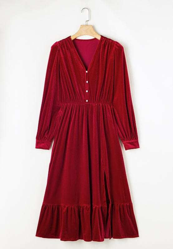 Ruffle Hem Slit V-Neck Long Sleeve Dress - Trendsi - Flyclothing LLC