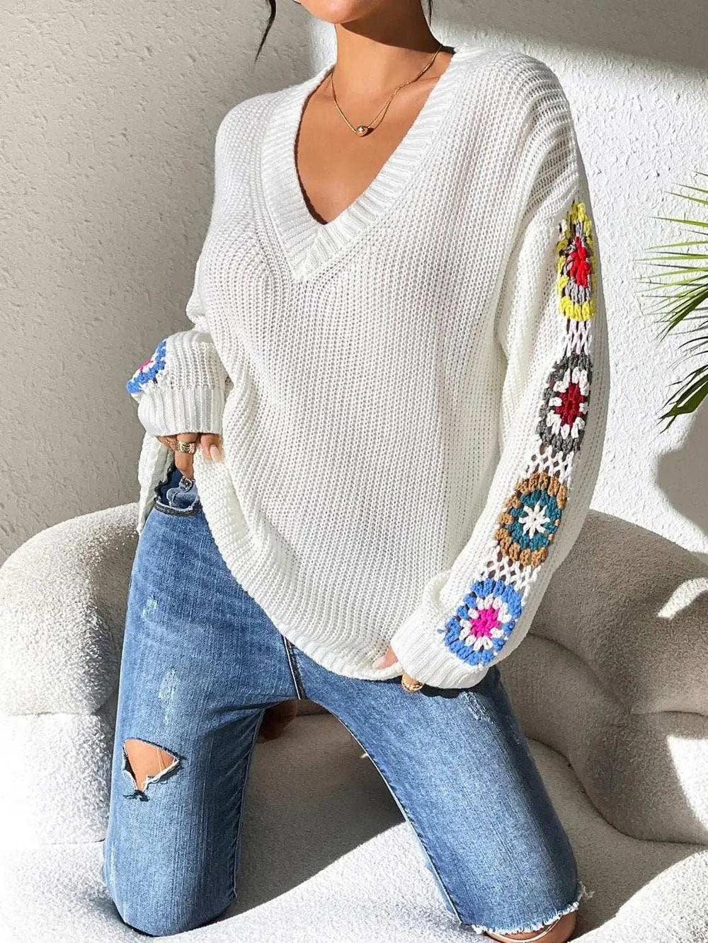 Crochet Flower V-Neck Sweater - Trendsi - Flyclothing LLC