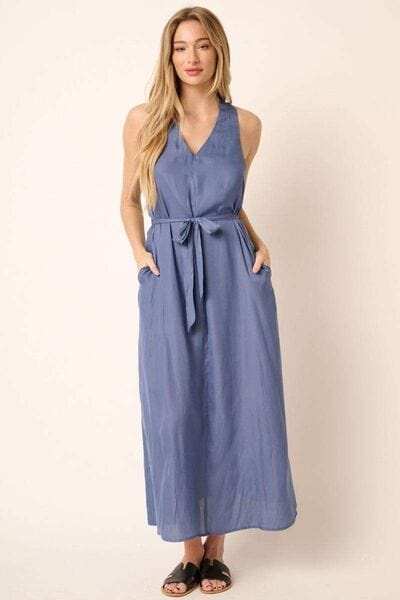 Mittoshop Cross Back Belted V Neck Tank Maxi Dress - Trendsi - Flyclothing LLC
