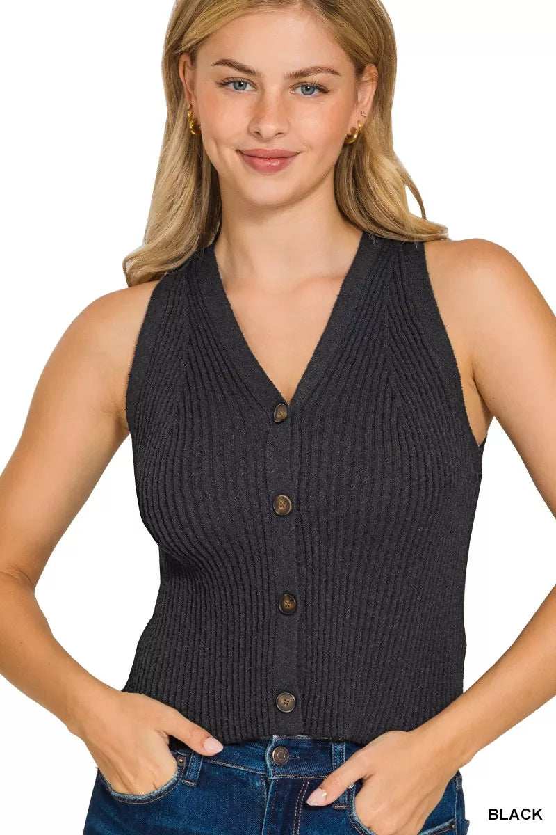 Zenana Ribbed Knit Button-Down Sweater Vest - Trendsi - Flyclothing LLC