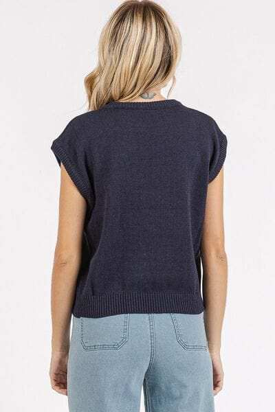 Mittoshop Contrast Letter Round Neck Cap Sleeve Knit Top - Trendsi - Flyclothing LLC