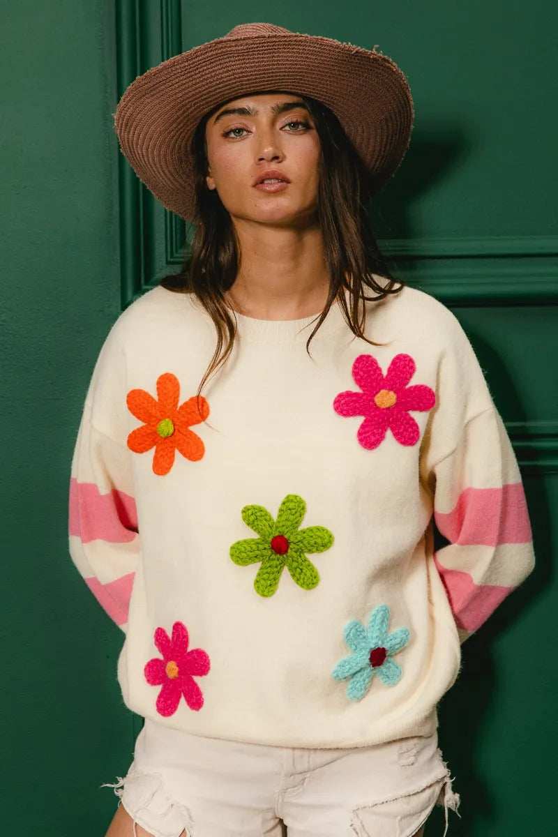 BiBi Colorful Floral Patched Sweater with Striped Sleeve - Trendsi - Flyclothing LLC