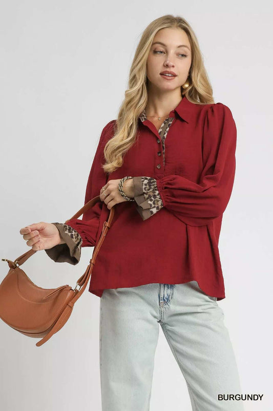 Umgee Half Button Blouse with Leopard Print Trim - Trendsi - Flyclothing LLC