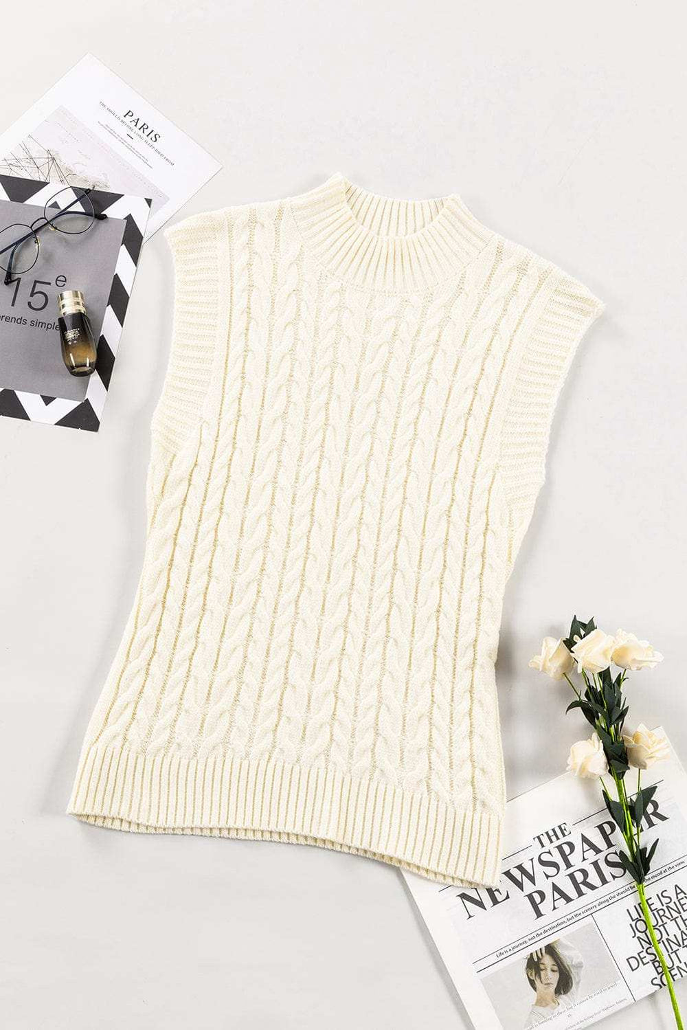 Cable Knit Turtleneck Sweater Vest - Trendsi - Flyclothing LLC