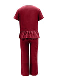 Peplum Round Neck Short Sleeve Top and Pants Set - Trendsi - Flyclothing LLC