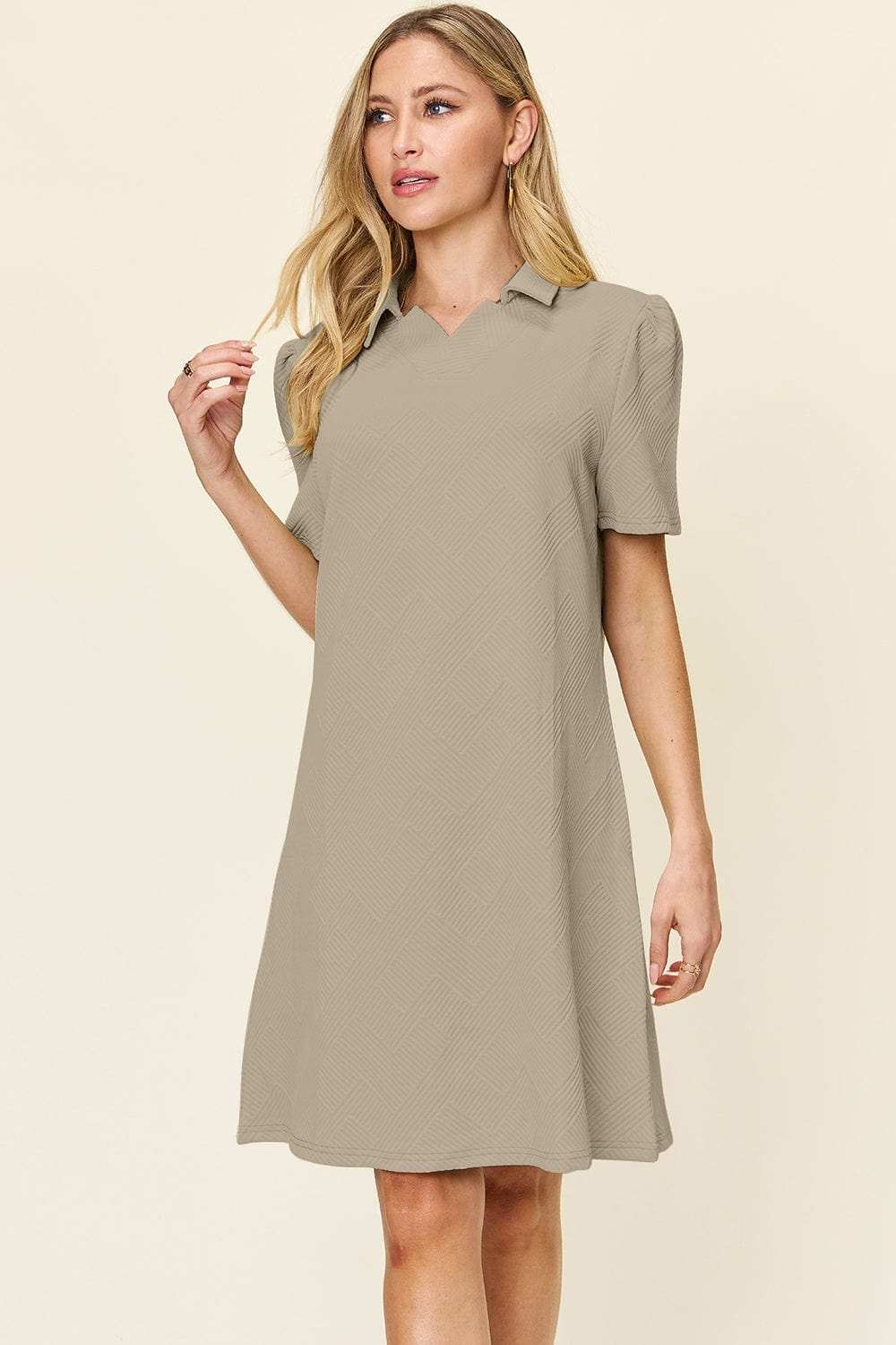 Double Take Full Size Texture Collared Neck Short Sleeve Dress - Trendsi - Flyclothing LLC