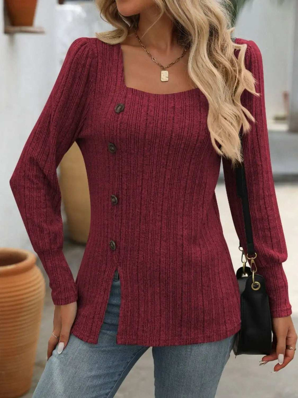 Decorative Button Striped Square Neck Long Sleeve T-Shirt - Trendsi - Flyclothing LLC
