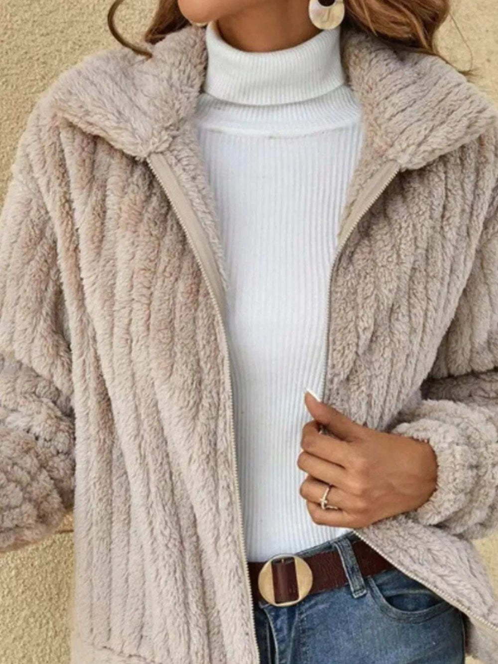 Full Size Zip-Up Long Sleeve Texture Jacket Plus Size - Trendsi - Flyclothing LLC