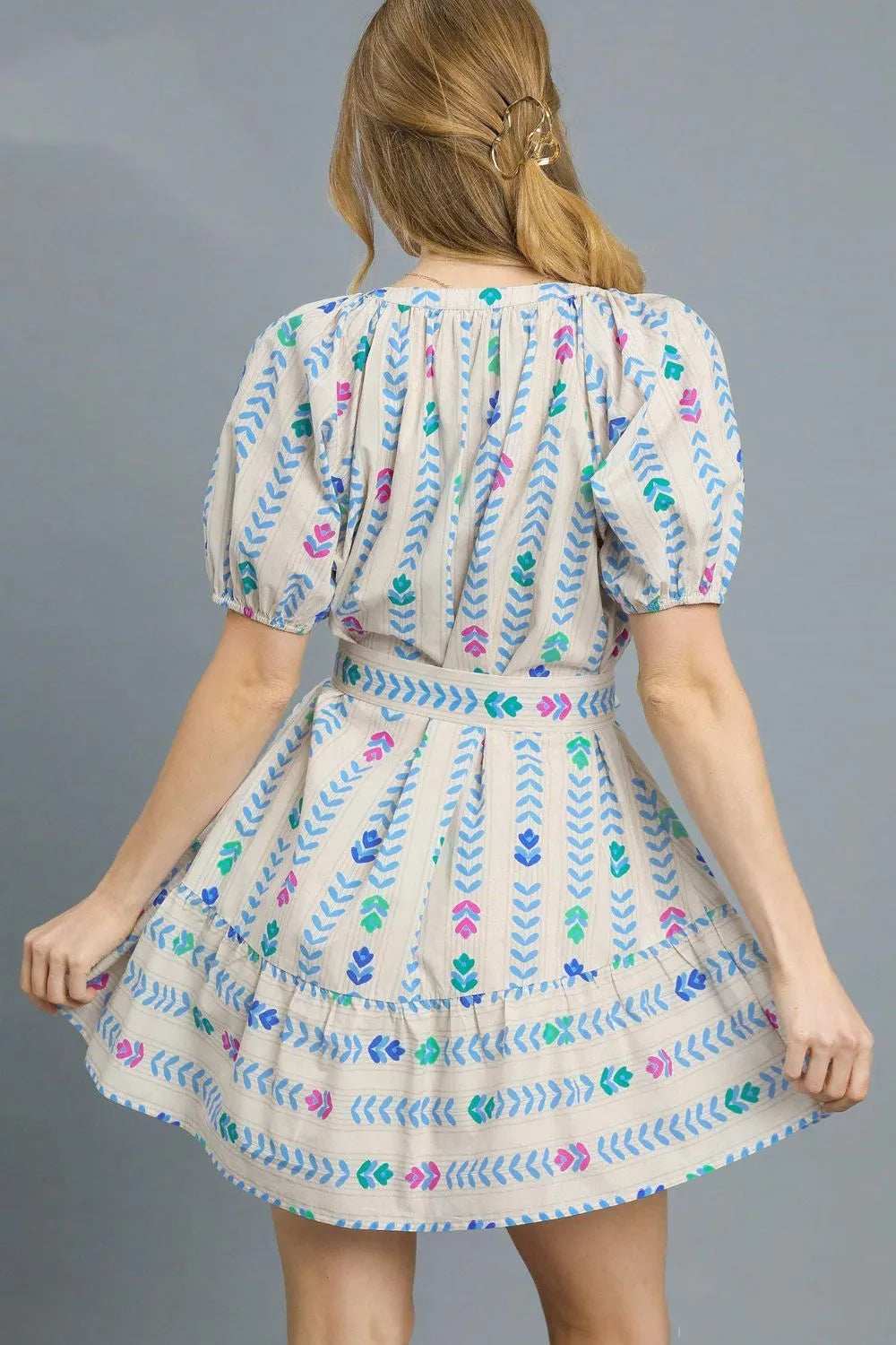 Umgee Printed Tie Waist Puff Short Sleeve Mini Dress - Trendsi - Flyclothing LLC