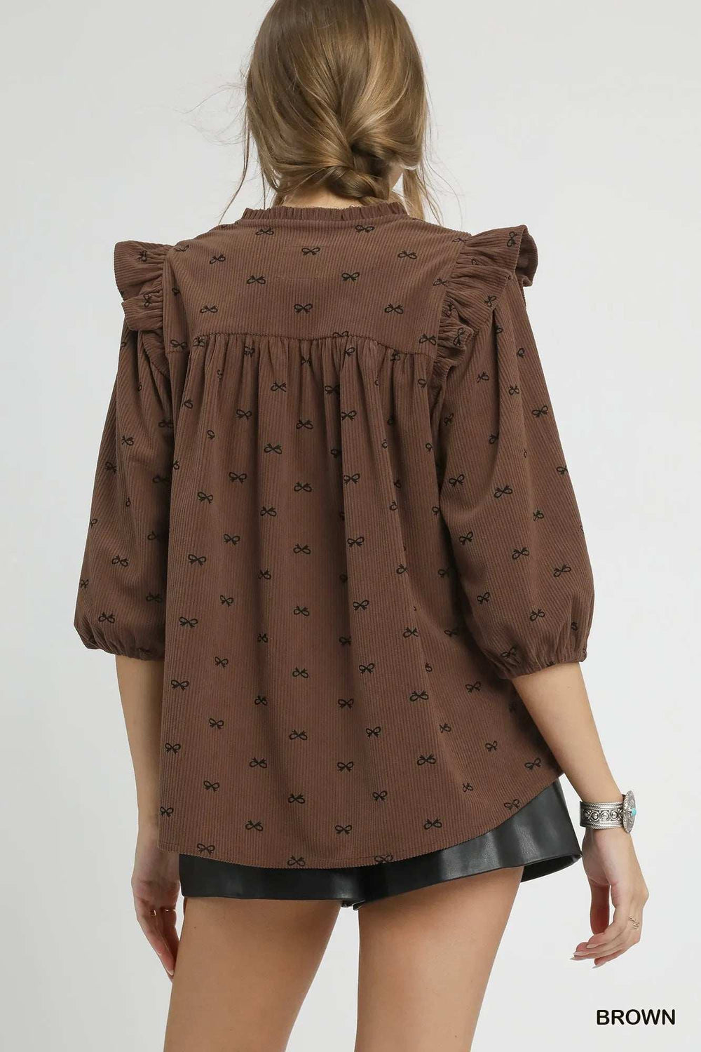 Umgee Bow Print Corduroy Puff Sleeve Blouse with Ruffled - Trendsi - Flyclothing LLC