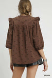 Umgee Bow Print Corduroy Puff Sleeve Blouse with Ruffled - Trendsi - Flyclothing LLC