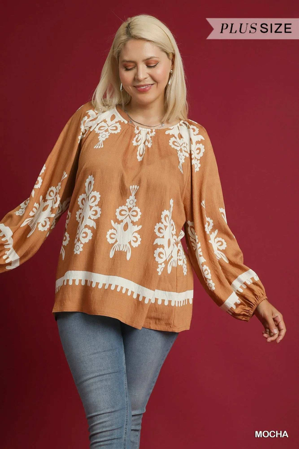 Umgee Full Size Two Tone Border Print Top with Balloon Sleeves Plus Size - Trendsi - Flyclothing LLC