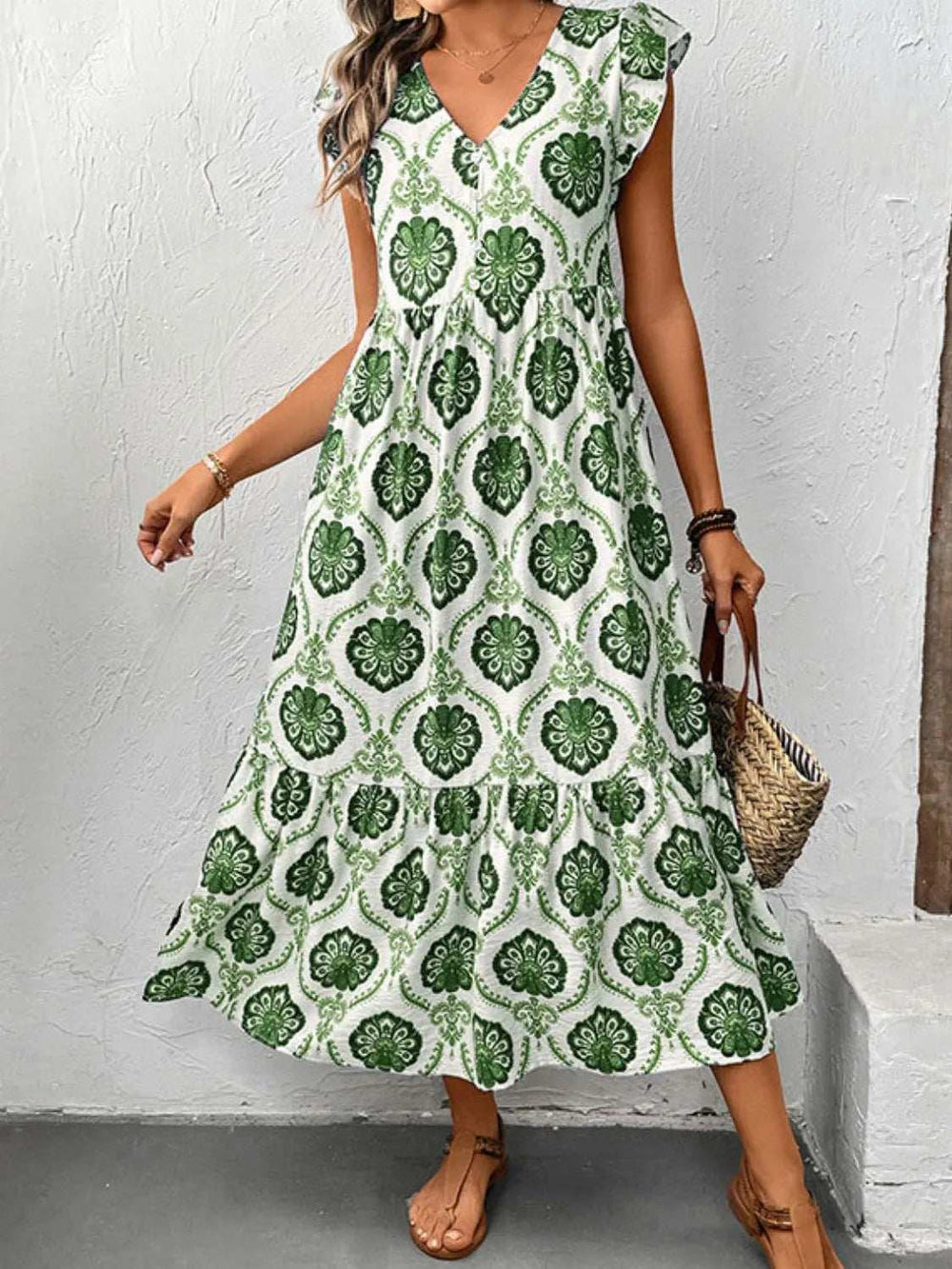 Ruffled Printed V-Neck Cap Sleeve Dress - Trendsi - Flyclothing LLC