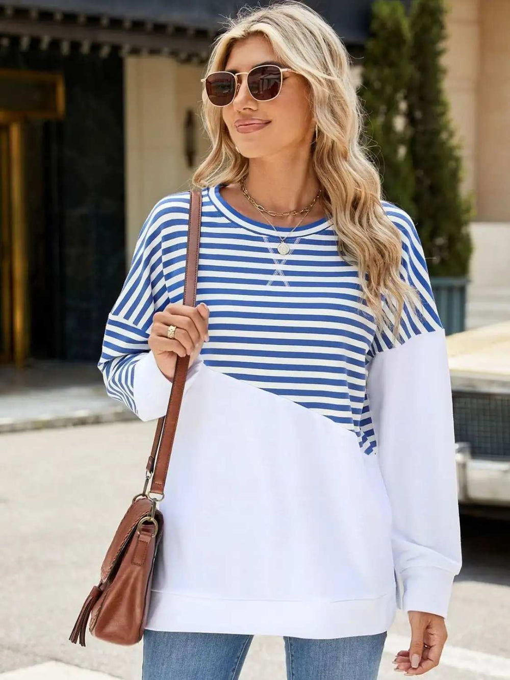 Slit Contrast Striped Long Sleeve Sweatshirt - Trendsi - Flyclothing LLC