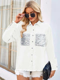 Raw Hem Button Up Long Sleeve Denim Jacket with Sequin Pockets - Trendsi - Flyclothing LLC