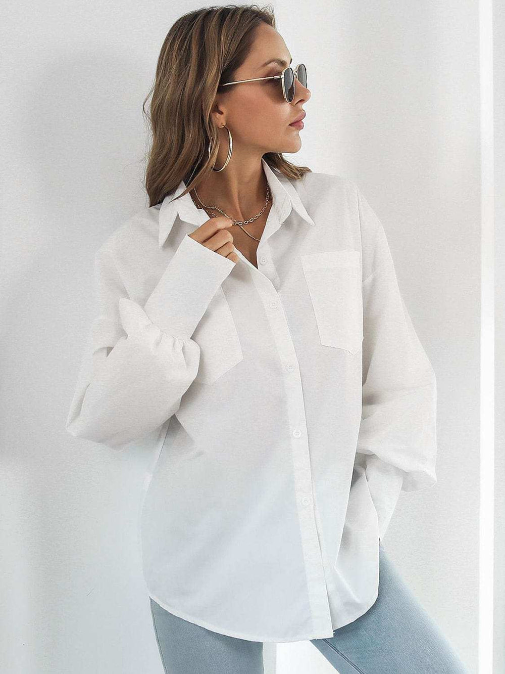 Button Up Dropped Shoulder Lantern Sleeve Shirt - Trendsi - Flyclothing LLC