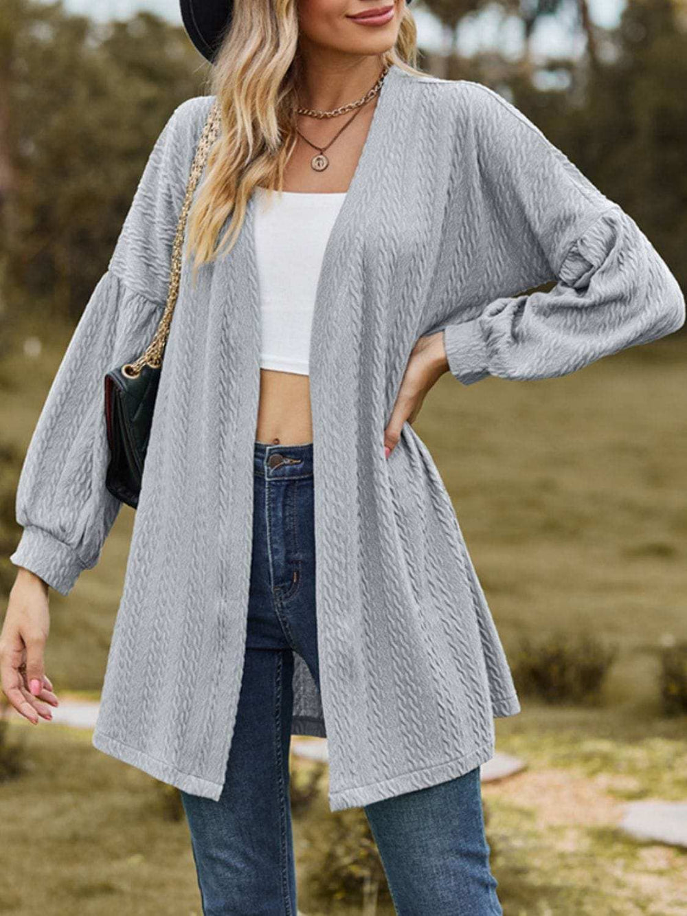 Textured Open Front Dropped Shoulder Cardigan - Trendsi - Flyclothing LLC