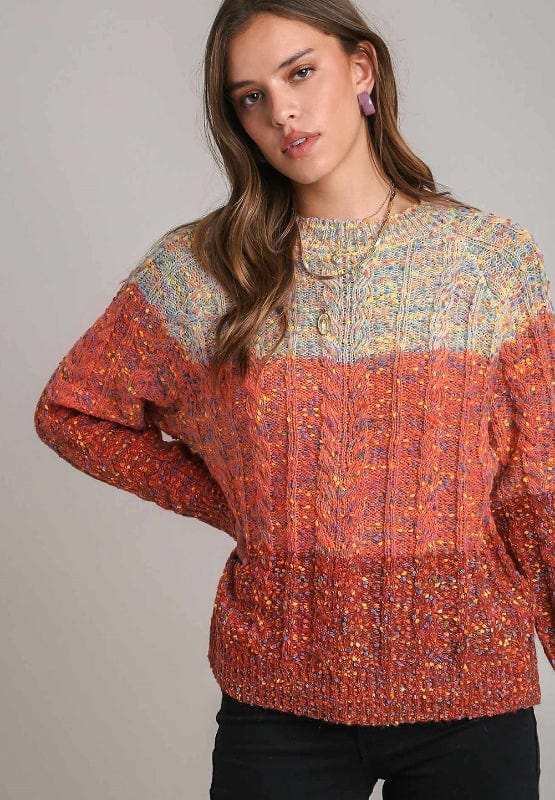 Cable-Knit Color Block Round Neck Long Sleeve Sweater - Trendsi - Flyclothing LLC