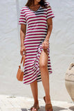 Casual Striped V-Neck Midi T-Shirt Dress - Trendsi - Flyclothing LLC